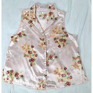 Oscar de‎ la Renta Pink Label Sleeveless Pajama Top Floral Satin Pink Medium